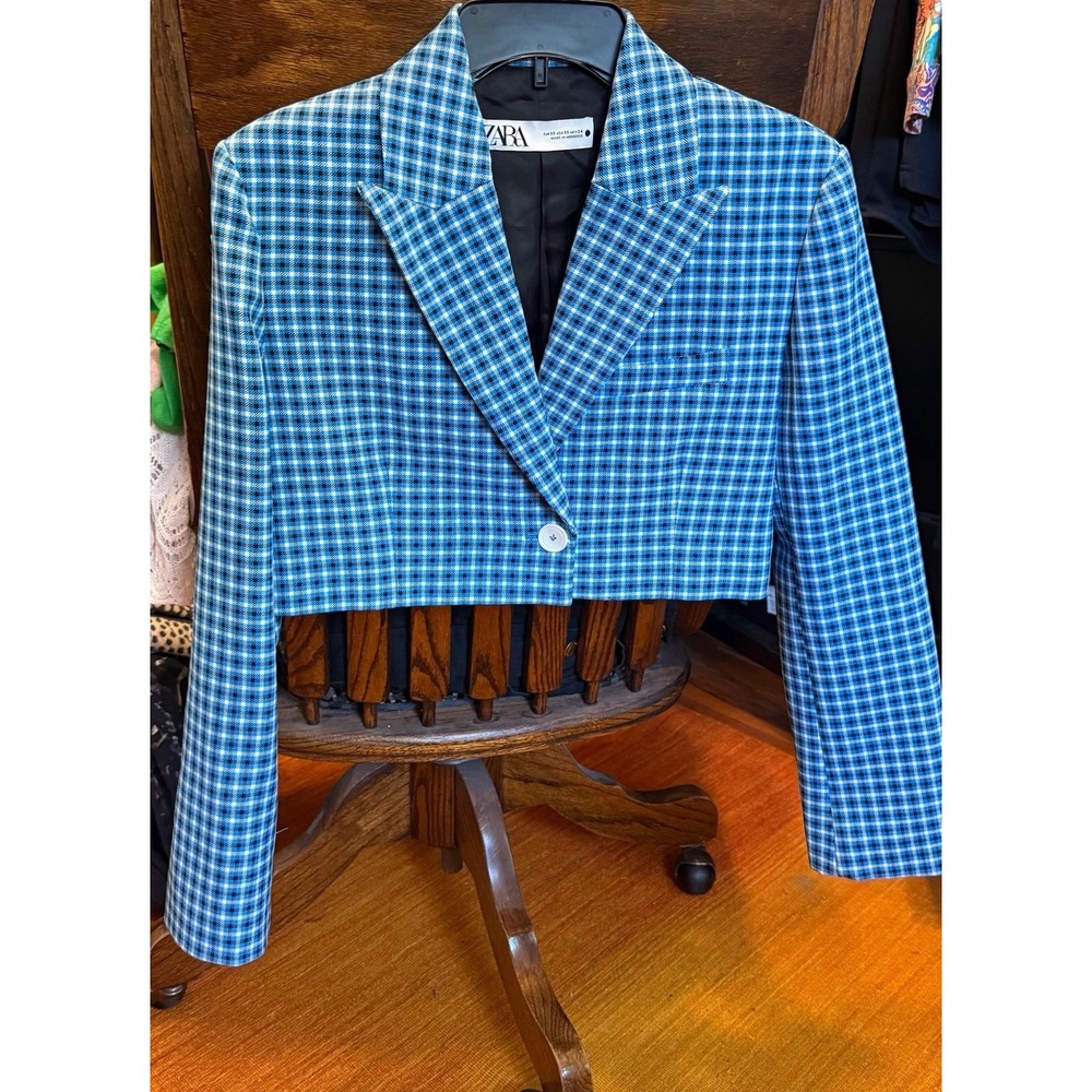 Zara Blue Cropped Plaid Blazer Size XS
